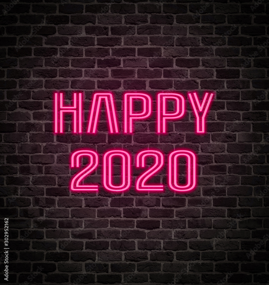 Glowing pink neon sign on brick wall for Happy New Year 2020