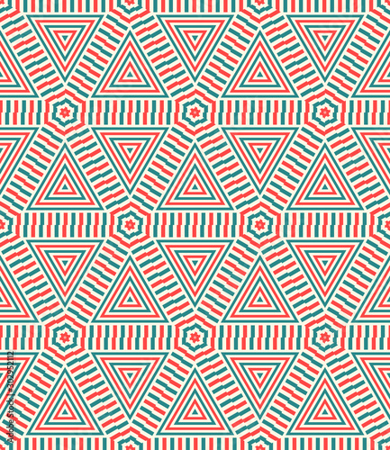 Striped triangle, rhombus, hexagon seamless pattern. Linear geometric background. Vector illustration.      