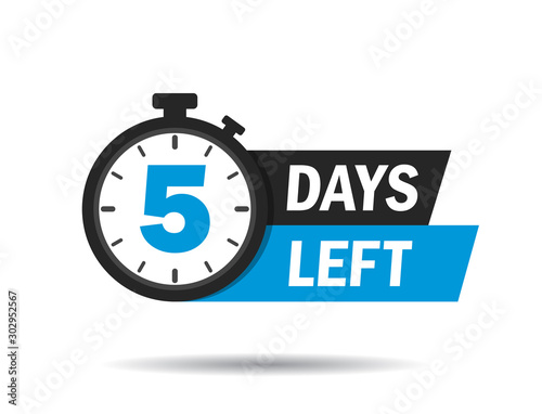 5 days left. Count timer icon. Vector emblem of 5 days left in flat style. Hour down icon with ribbon. Countdown label for sale, promotion. Flat badge of counter. vector illustration photo