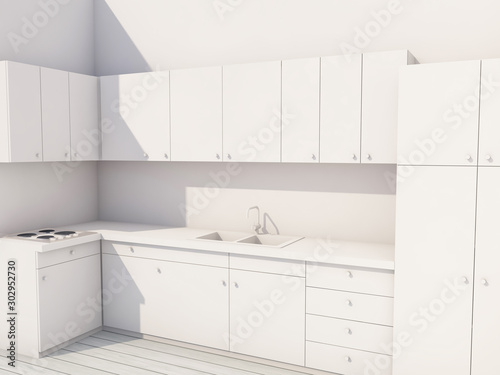 3d rendering illustration kitchen and dining room furniture