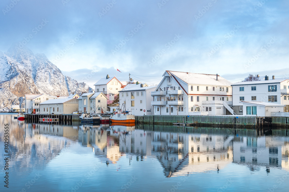 beautiful fishing town of henningsvaer at lofoten islands, norway	