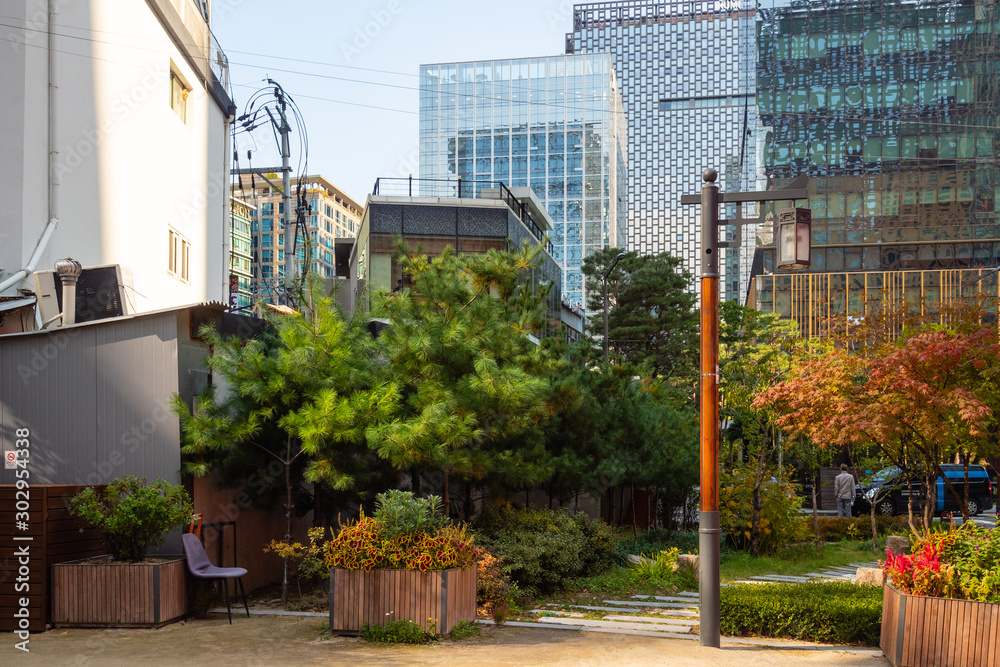 green patio between skyscrapers in Seoul city