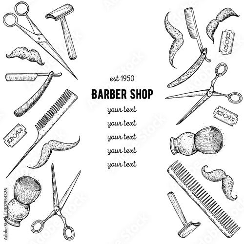 Barber shop hand drawn vector illustration. Engraving label for barbershop. Hand drawn design elements. Hand drawn sketch illustration for barbershop. Accessories for hairdresser
