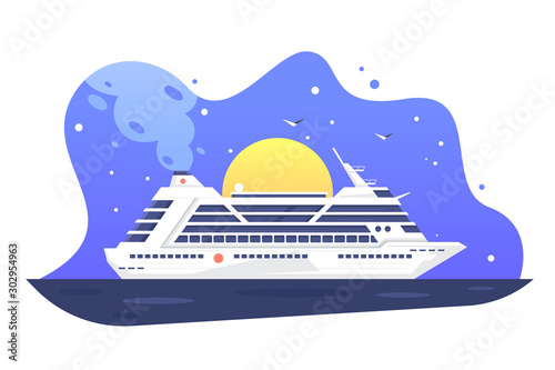 Modern passenger cruise liner away tropical harbor