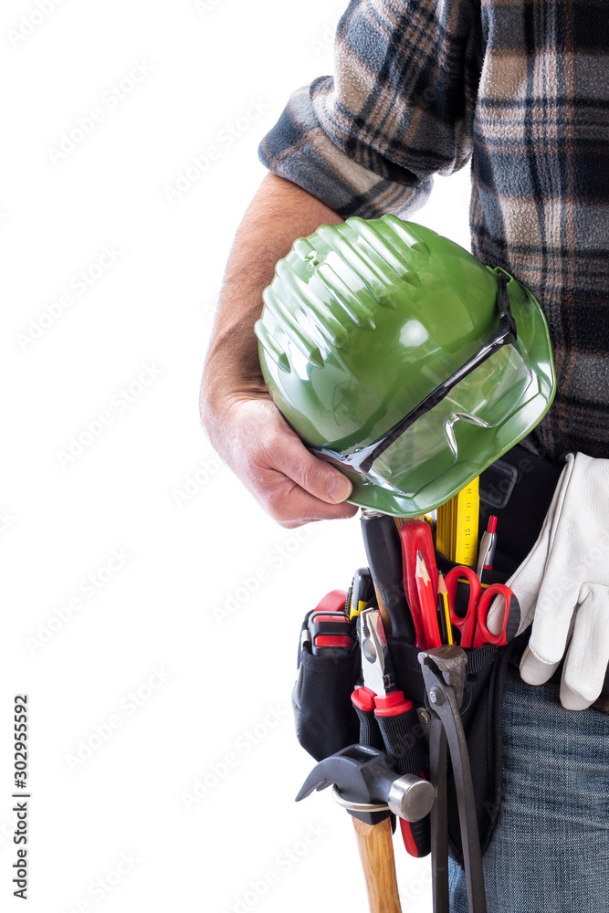 Carpenter isolated on a white background, he is holding his helmet and protective goggles. Work tools industry construction and do it yourself housework. Stock photography. Carpenter isolated on a white background, he is holding his helmet and protective goggles. Work tools industry construction and do it yourself housework. Stock photography.