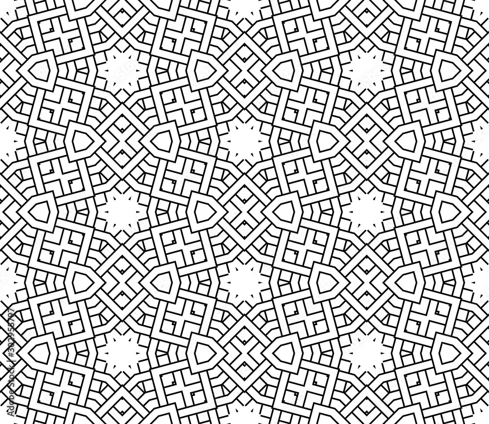 Thin line geometric seamless pattern with different shapes. Striped, checkered card. Ornamental background. Wrapping paper. Vector illustration.     
