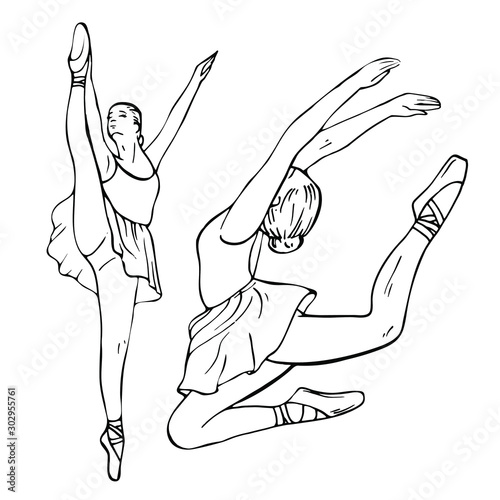 Sketch of girl's ballerinas standing in a pose and jumping. Beautiful black and white hand drawing ballerina on a white background