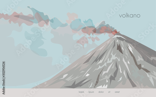 Image of a volcano on a light blu background. Vector illustration is brown, pink, red, crimson and beige tender colors. eps10