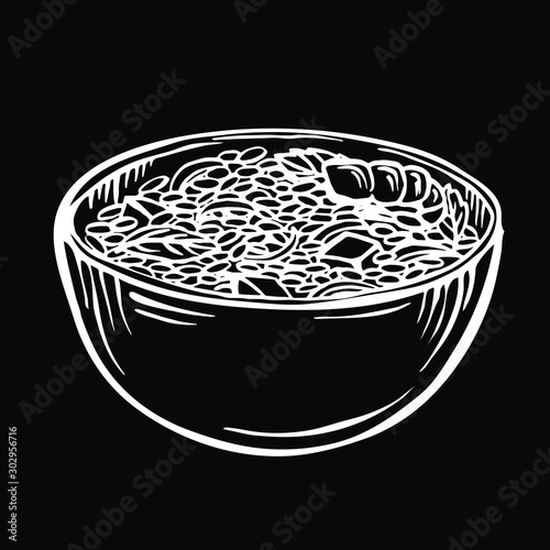 Sketch rice in bowl / cartoon hand drawn illustration, black and white, ink, sketch style Appetizing healthy rice with vegetables and shrimps