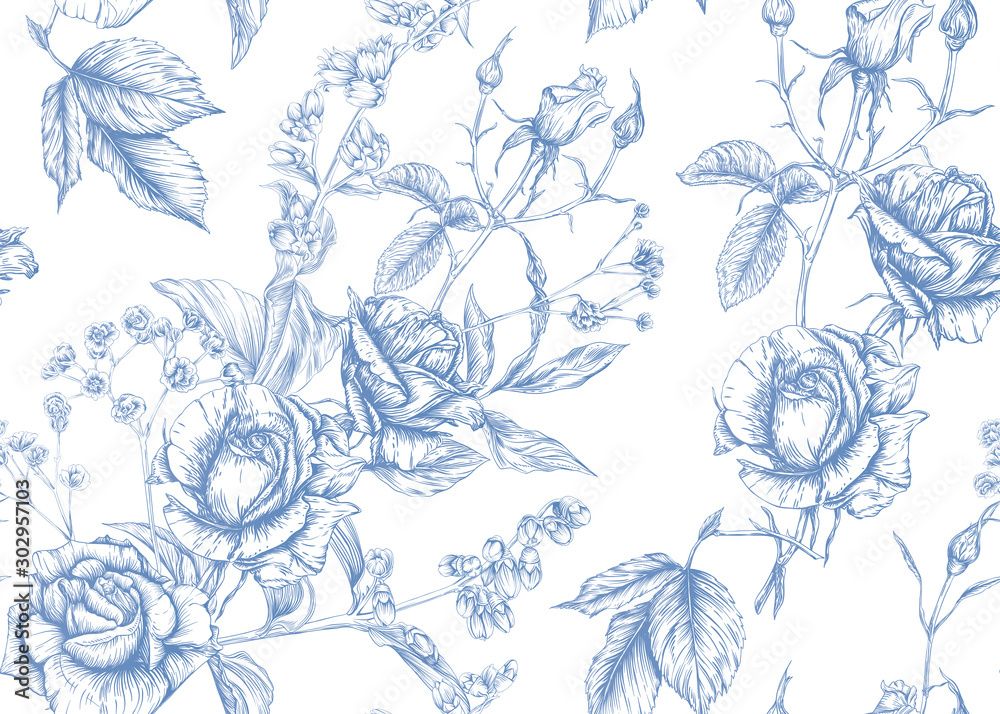 Roses and spring flowers seamless pattern. Graphic drawing, engraving style. Vector illustration.