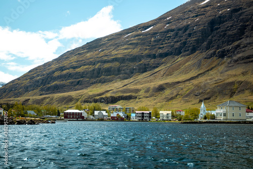 View of Seydisfjordur town from over the harbour