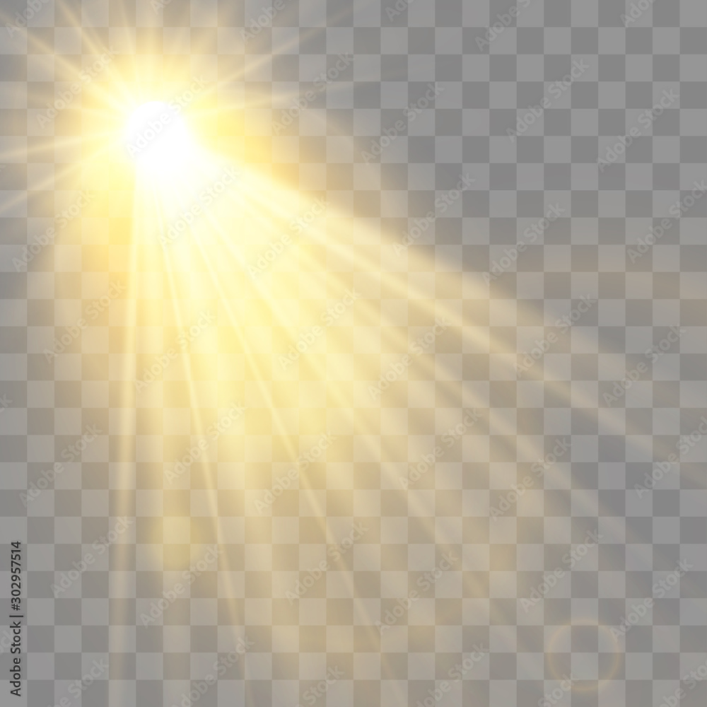 Special lens flash, light effect. The flash flashes rays and searchlight. illust.White glowing light. Beautiful star Light from the rays. The sun is backlit. Bright beautiful star. Sunlight. Glare.