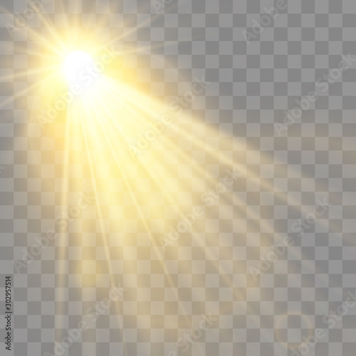 Special lens flash, light effect. The flash flashes rays and searchlight. illust.White glowing light. Beautiful star Light from the rays. The sun is backlit. Bright beautiful star. Sunlight. Glare.