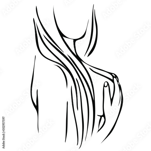 Sketch topless silhouette of a girl covers a breast with hands. Hand drawn sexy young naked woman.