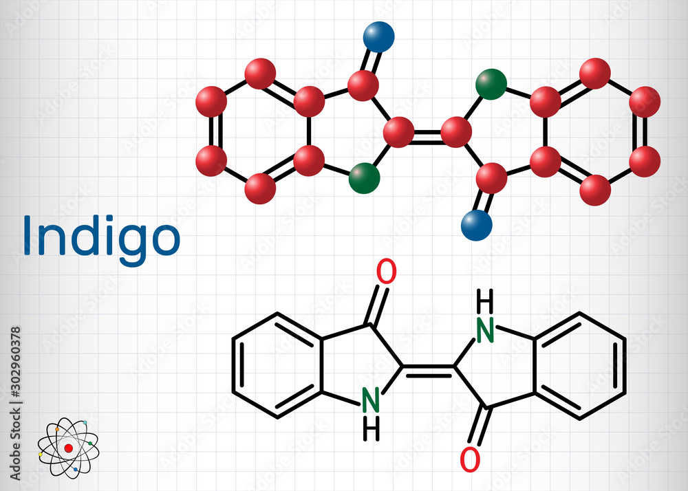 Indigo molecule. It is natural dye with a distinctive blue color. Structural chemical formula and molecule model. Sheet of paper in a cage Indigo molecule. It is natural dye with a distinctive blue color. Structural chemical formula and molecule model. Sheet of paper in a cage