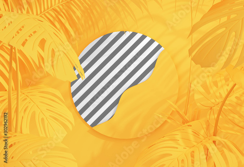 Fototapeta Reklamowy kształt koła na żółtym tle tropikalnych liści. Renderowanie 3D