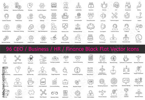 96 Ceo, HR, Business, Finance icons. Vector flat black contour icons.