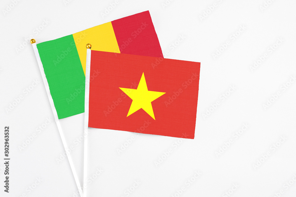 Vietnam and Mali stick flags on white background. High quality fabric, miniature national flag. Peaceful global concept.White floor for copy space. Vietnam and Mali stick flags on white background. High quality fabric, miniature national flag. Peaceful global concept.White floor for copy space.