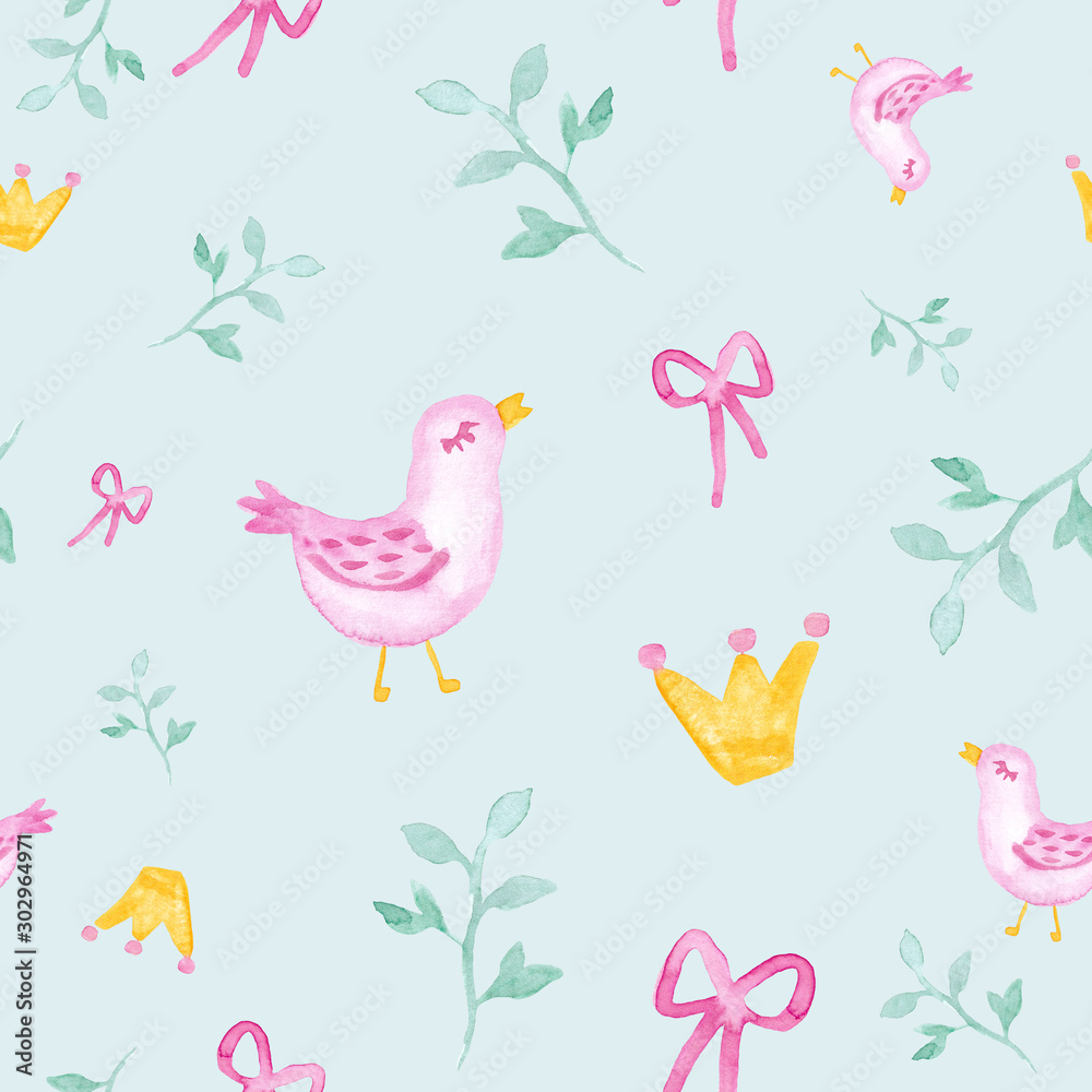 Pink birds with branches and princess crown watercolor painting - hand drawn seamless pattern on blue background