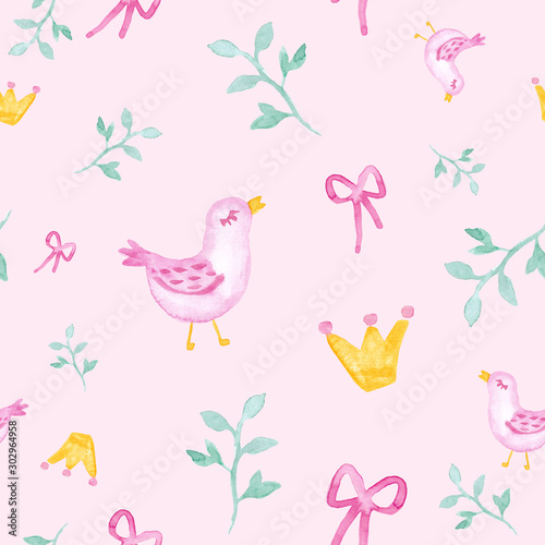 Birds with branches and princess crown watercolor painting - hand drawn seamless pattern on pink background