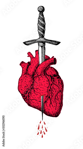 The human red heart is pierced with a dagger. Hand drawn vector illustration. Tattoo print.