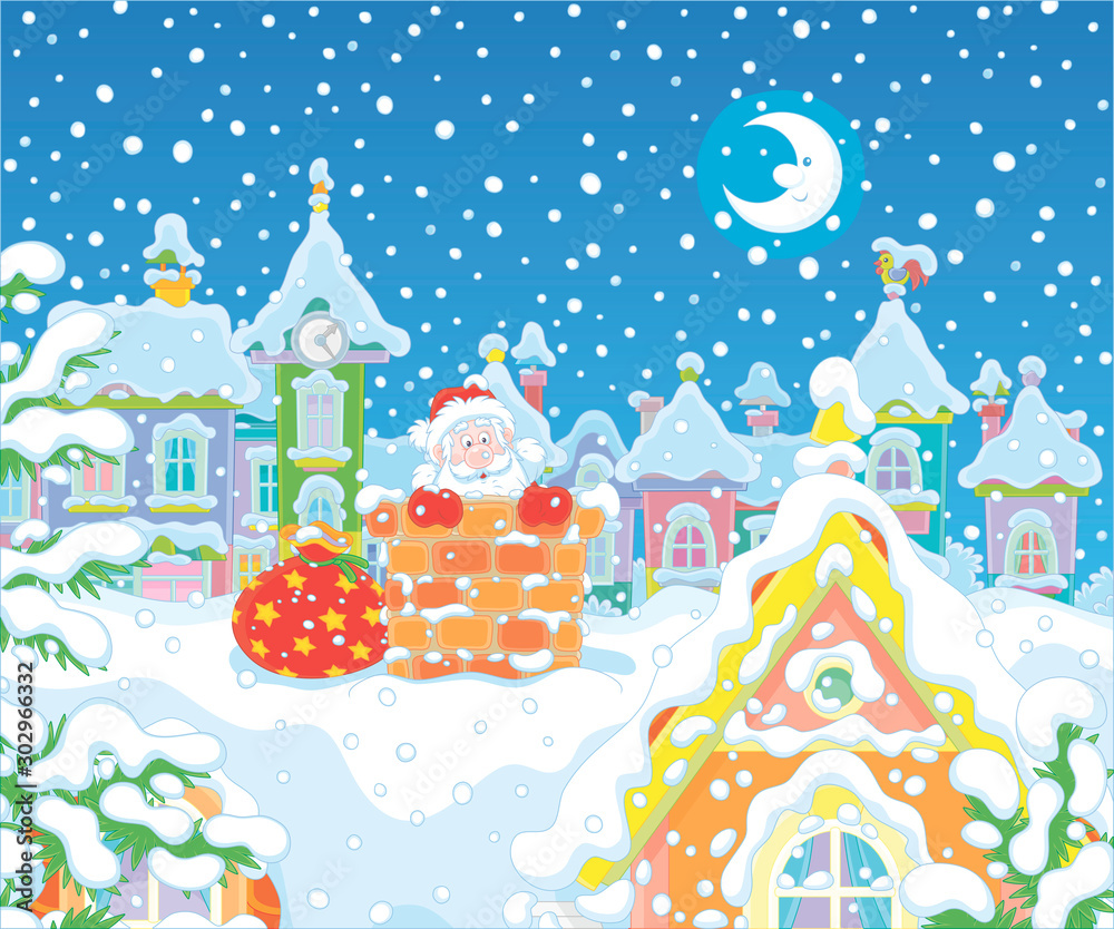 The night before Christmas, Santa Claus looking out of a chimney on a snow-covered roof, vector cartoon illustration
