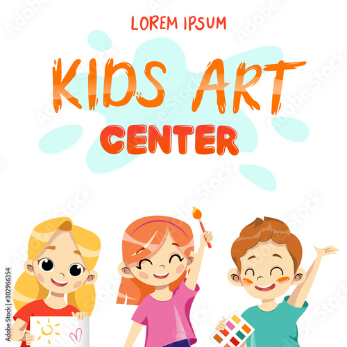Children Creativity Art Center banner template, art school or class for kids, child development and education with place for text.