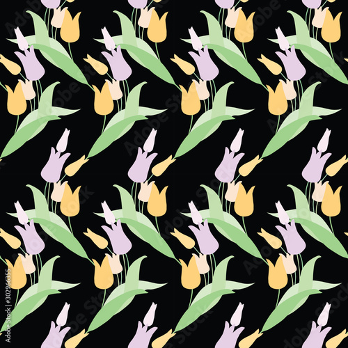 Seamless pattern of spring tulips bunches