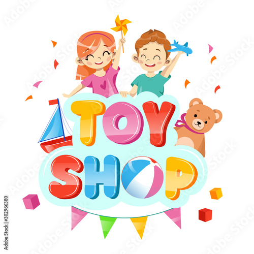 Toy shop koncept with children with toys and teddybear  decorations around.