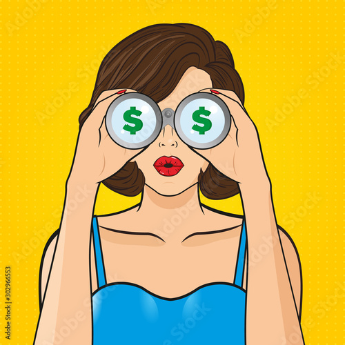 Pop art concept. Sexy surprised woman with binoculars with open mouth.