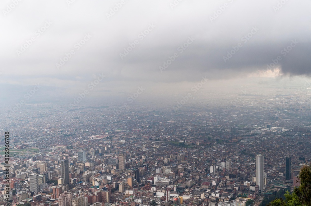 Bogota skyline cityscape seen from the mountain of Monserrate