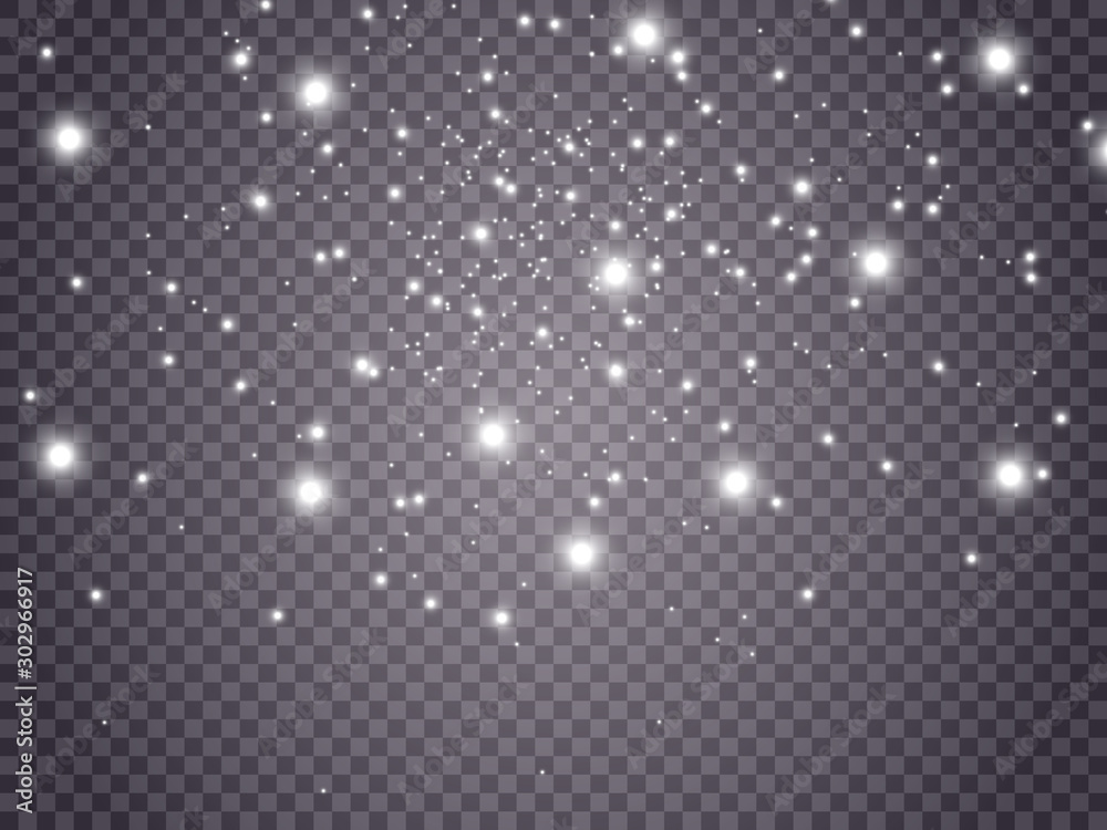 Fototapeta Białe iskry i złote gwiazdy błyszczą specjalnym efektem świetlnym. Wektor błyszczy na przezroczystym tle. Boże Narodzenie abstrakcyjny wzór. Lśniące magiczne cząsteczki pyłu