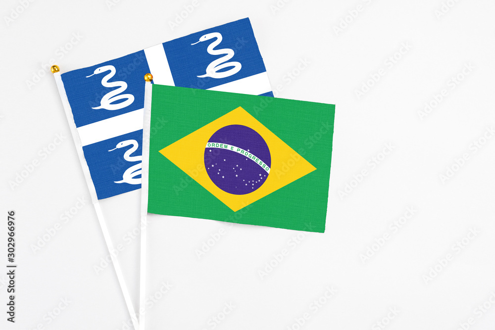 Brazil and Martinique stick flags on white background. High quality fabric, miniature national flag. Peaceful global concept.White floor for copy space.