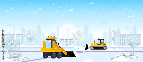 Vector of snow plow tractors cleaning city winter streets after a snowstorm