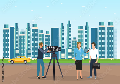 Vector of a reporter taking the interview with a man
