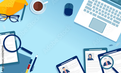 Vector of a top view workplace of a recruitment agency searching for a candidat