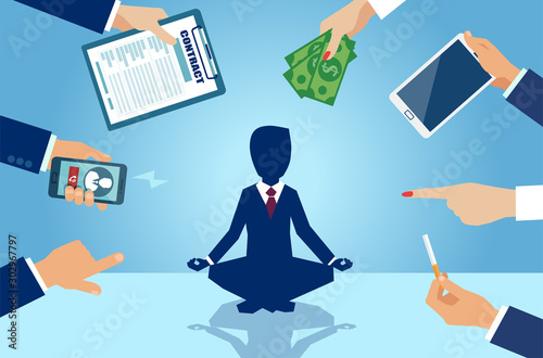 Vector of a businessman meditating doing yoga to relieve stress of demanding corporate life