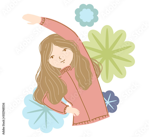 body stretching exercise - health care activity concept beautiful girl is doing muscle stretching flat art style vector element in pastel soft color for relaxing feeling