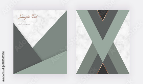 Geometric cover design with green triangular shapes and golden lines on the marble texture. Template for wedding invitation, blog posts, banner, card, save the date, poster, flyer	