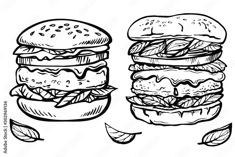 Hand drawn sketch Cheeseburger and Hamburger. Fast food ink doodle illustration. Hand drawn sketch Cheeseburger and Hamburger. Fast food ink doodle illustration.