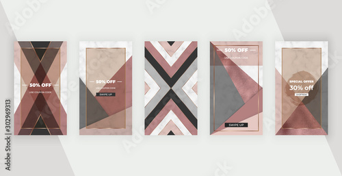 Social media stories banners with geometric design with pink, brown shapes. Modern neutral template design for flyer, poster, card