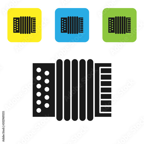 Black Musical instrument accordion icon isolated on white background. Classical bayan, harmonic. Set icons colorful square buttons. Vector Illustration