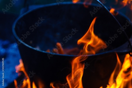 Bowler cooking food bonfire cauldron,  campfire nature.