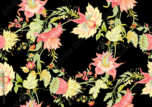 Fantasy flowers in retro  vintage  jacobean embroidery style. Seamless pattern  background. Colored vector illustration. Isolated on black background..