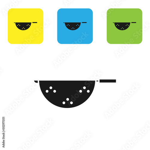 Black Kitchen colander icon isolated on white background. Cooking utensil. Cutlery sign. Set icons colorful square buttons. Vector Illustration