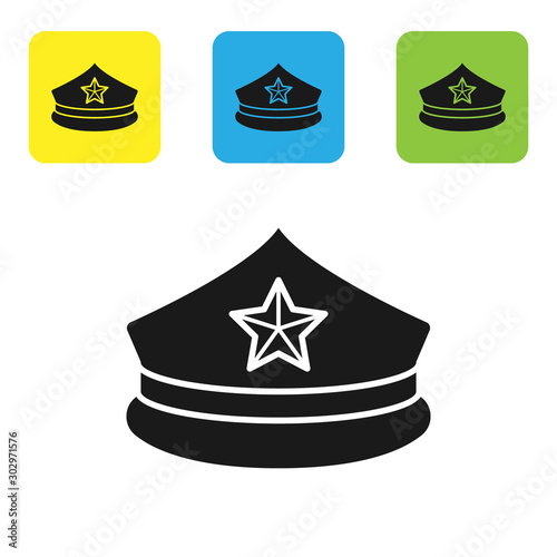 Black Police cap with cockade icon isolated on white background. Police hat sign. Set icons colorful square buttons. Vector Illustration