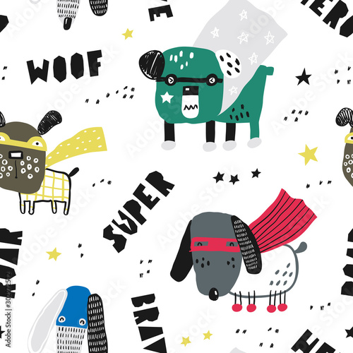 Seamless pattern with dogs superheroes. Cute kids print. Vector hand drawn illustration.