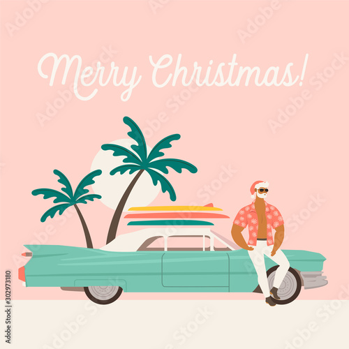 Summer holiday vacation with santa claus and car. Flat vector illustration.