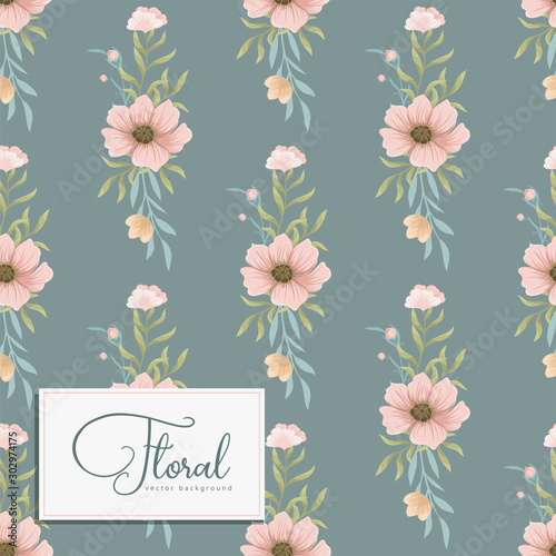 Pink flowers - green background seamless pattern