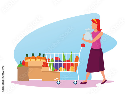 avatar woman with supermarket car with groceries